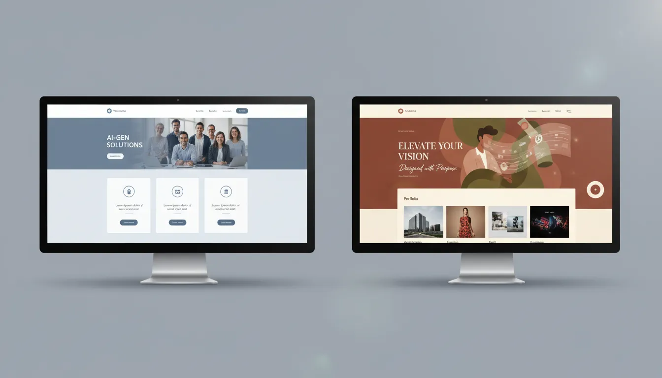 IA para Criar Sites: Vale a Pena? Análise Honesta 2026 2 Comparativo visual entre site genérico feito por IA e um site único criado por profissional.