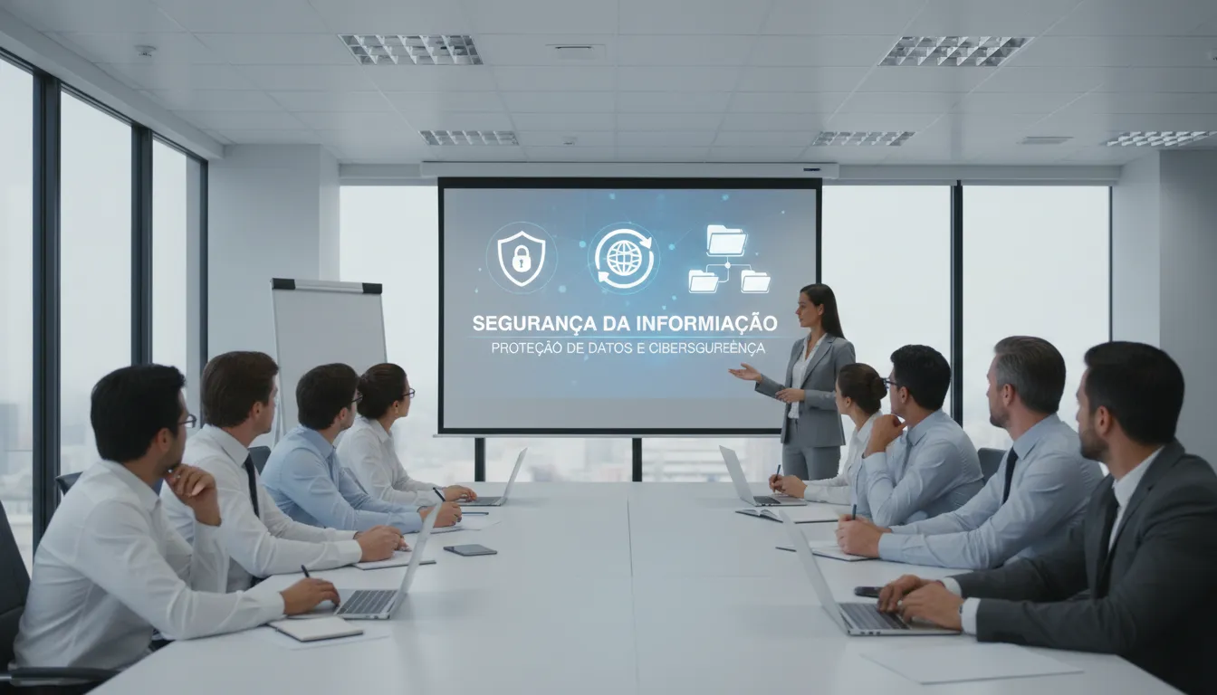 Colaboradores assistem treinamento sobre proteção de dados em escritório com apresentação visual de segurança.