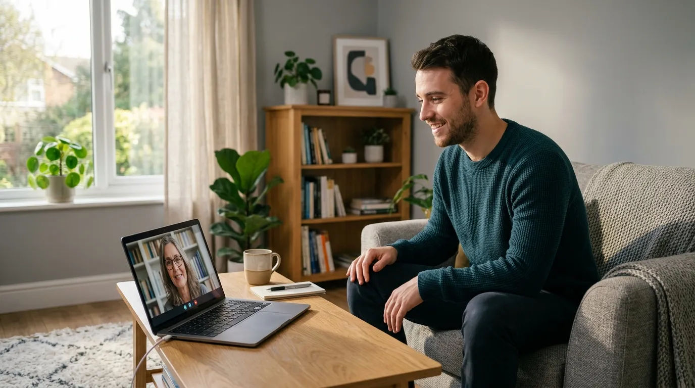 Homem em consulta online cuidando de sua saúde mental no trabalho e bem-estar.