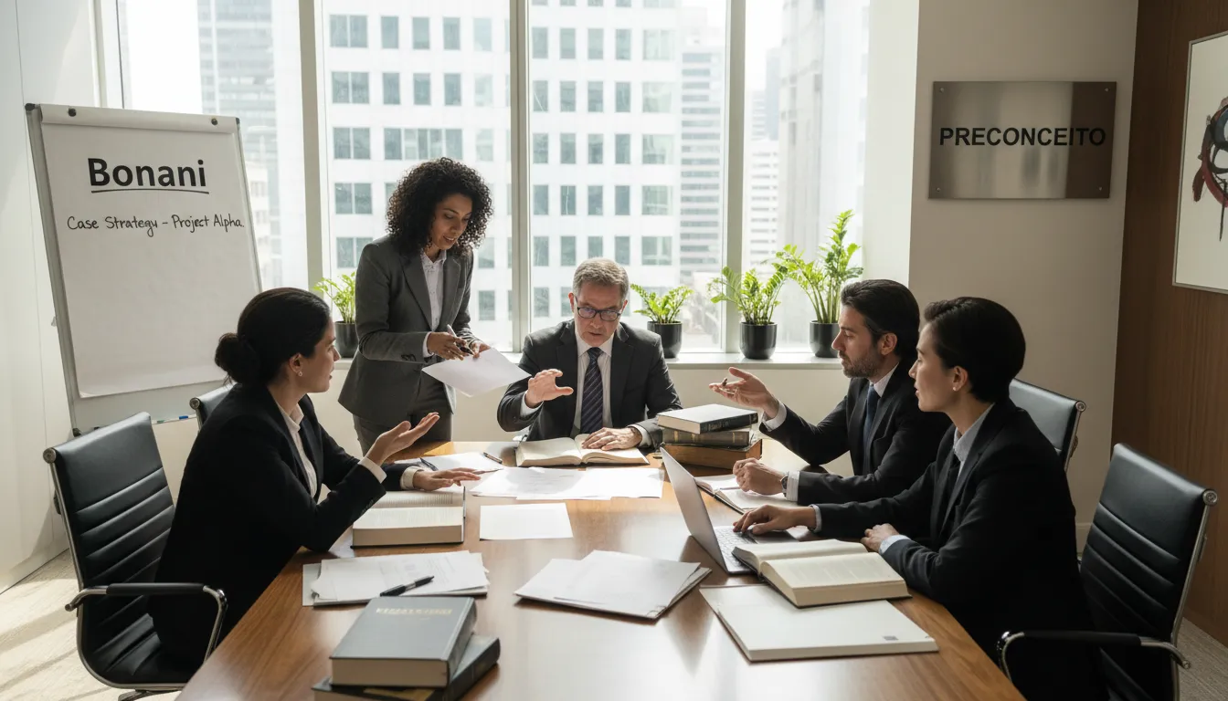 Advogados diversos discutindo um caso complexo, abordando regulação preconcepção impessoalidade em um ambiente de escritório moderno.
