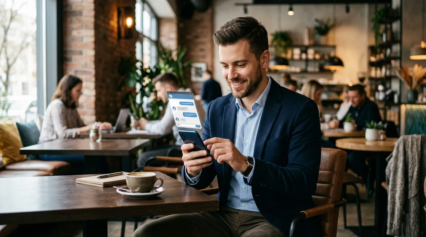 Vendedor externo utiliza app mobile para responder clientes de forma rápida em ambiente dinâmico.