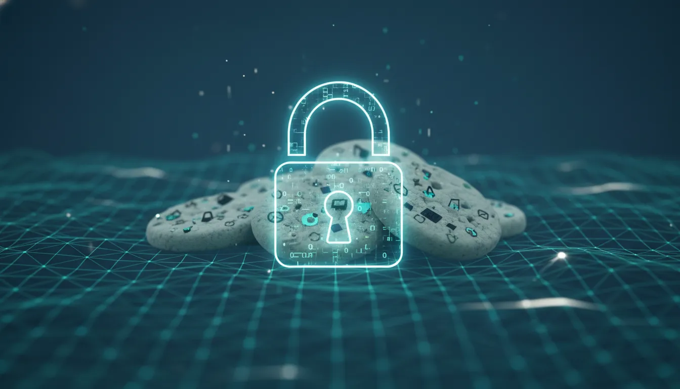 Cadeado digital protegendo cookies na internet, simbolizando segurança e conformidade com a política de cookies.