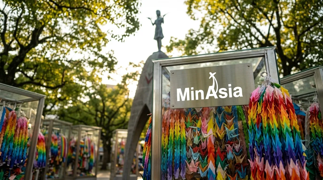 Monumento das crianças em hiroshima cercado por coloridos tsurus de papel origami.