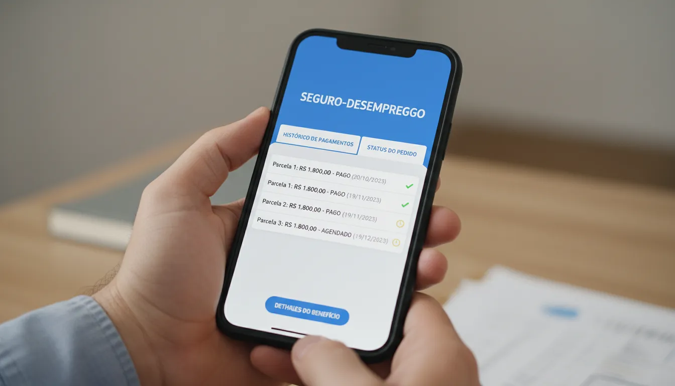 Consulta facilitada do seguro desemprego via app no smartphone. Detalhes de pagamentos e status da solicitação.