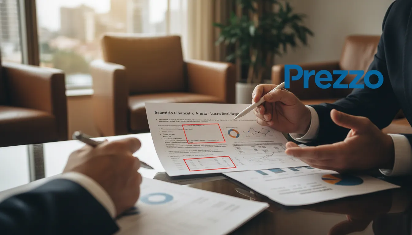 Detalhe de mãos explicando relatório financeiro sobre Contabilidade Especializada em Lucro Real, demonstrando a assessoria detalhada da Prezzo Contábil.
