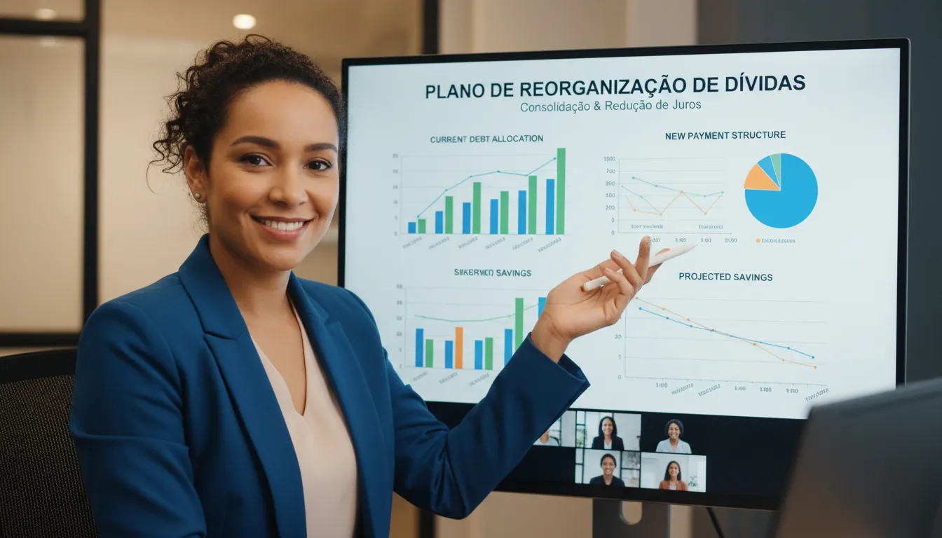 Consultora financeira apresentando plano de quitação de dívidas em consultoria online