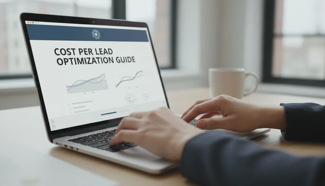 Mãos digitando em um laptop mostrando o site da Airticles.ai e um guia de otimização da Calculadora de Custo por Lead.