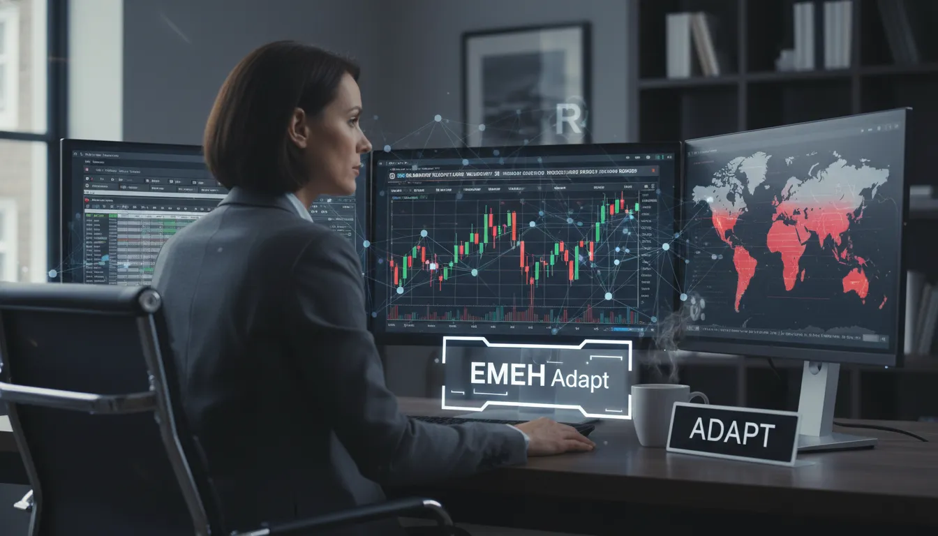 Analista financeiro focado em telas, monitorando tipos de riscos financeiros e dados de mercado. Ambiente de trabalho detalhado.