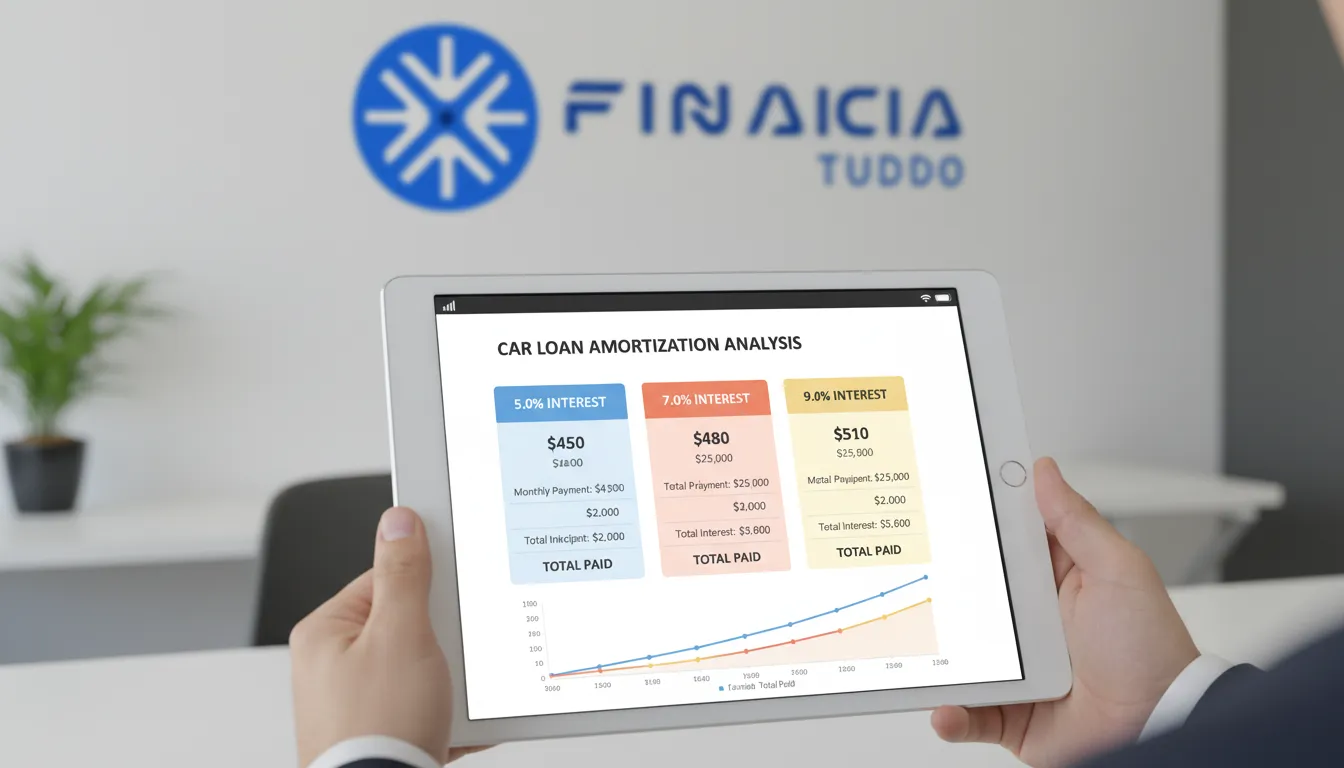 Visualização de tabela comparativa de juros no financiamento de veículos com menores juros em tablet digital.