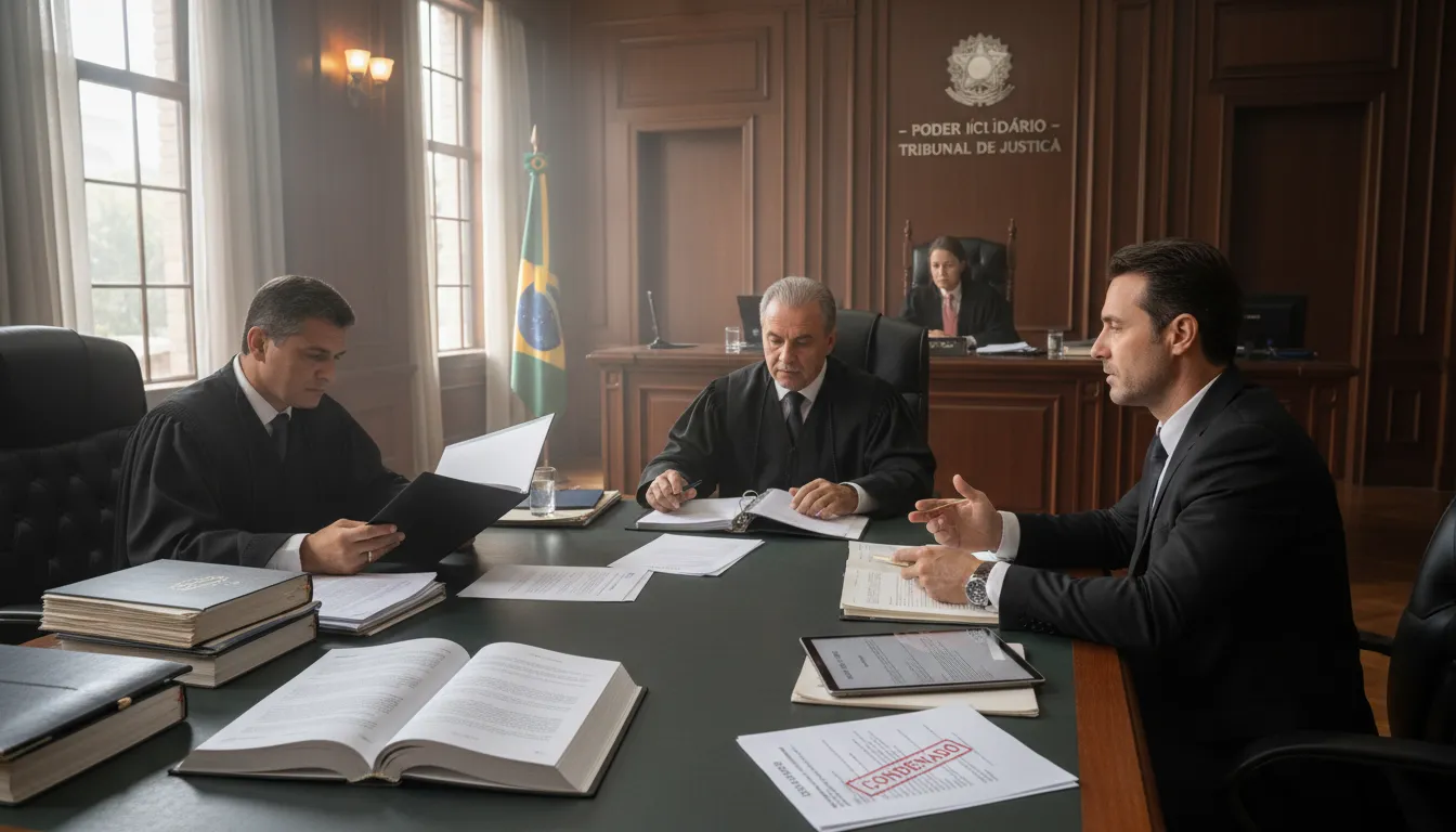 Juiz, promotor e advogado em audiência no fórum brasileiro avaliando pedido de livramento condicional de um condenado.