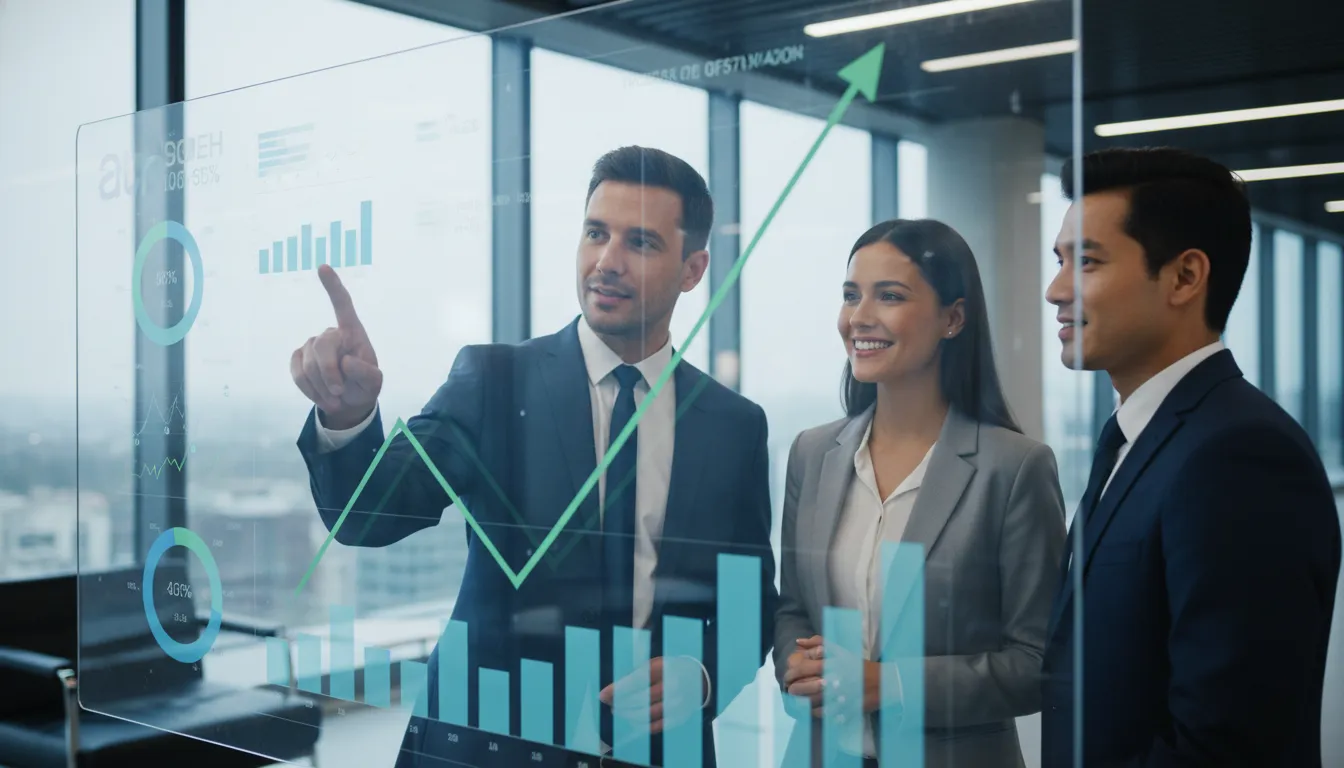 Profissionais discutindo gráficos de crescimento financeiro em tela, representando interesse de mercado. Descubra como investir em precatórios agora.