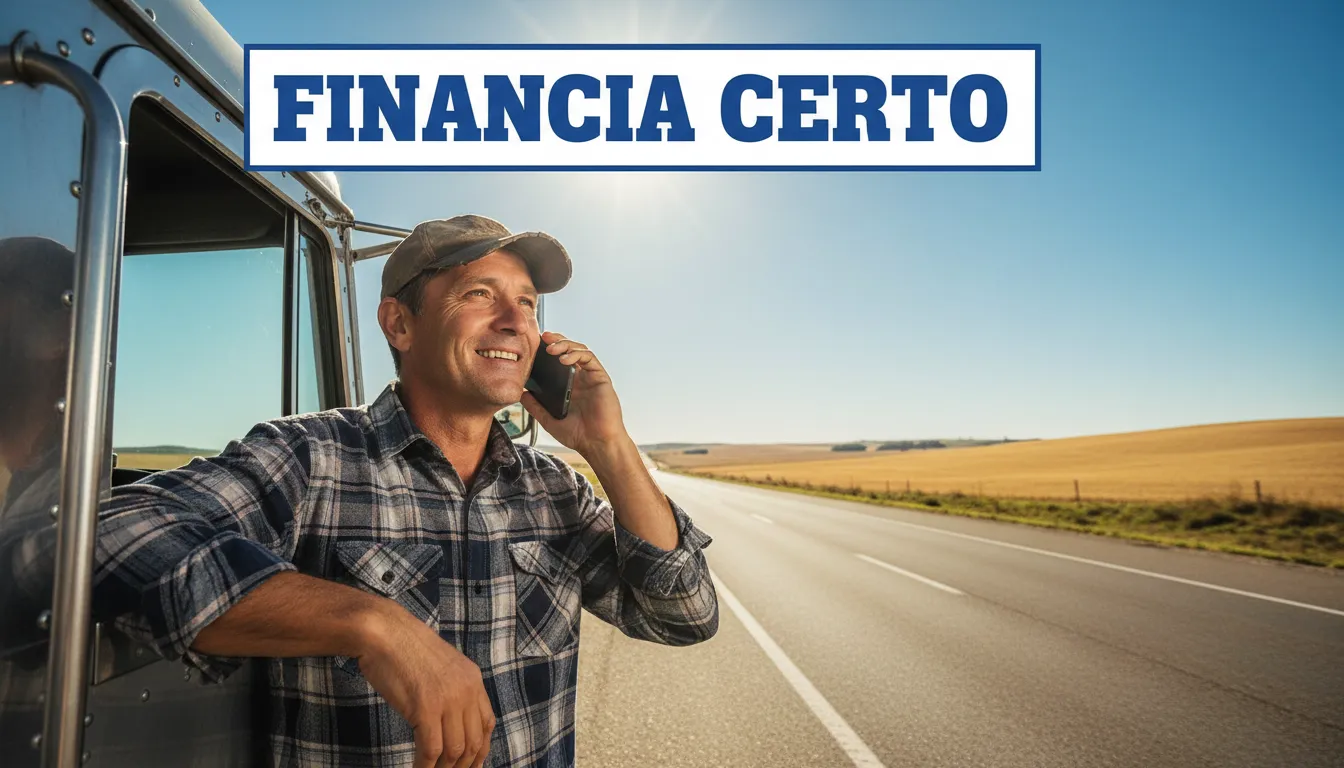 Caminhoneiro sorrindo ao telefone, com seu caminhão ao fundo. Céu limpo e ensolarado. Alívio financeiro e otimismo com o capital de giro para caminhoneiro da Financia Tudo.