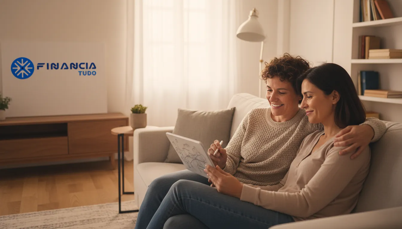 Casal feliz e planejado após usar crédito com garantia para quitar dívidas, desfrutando de estabilidade financeira.