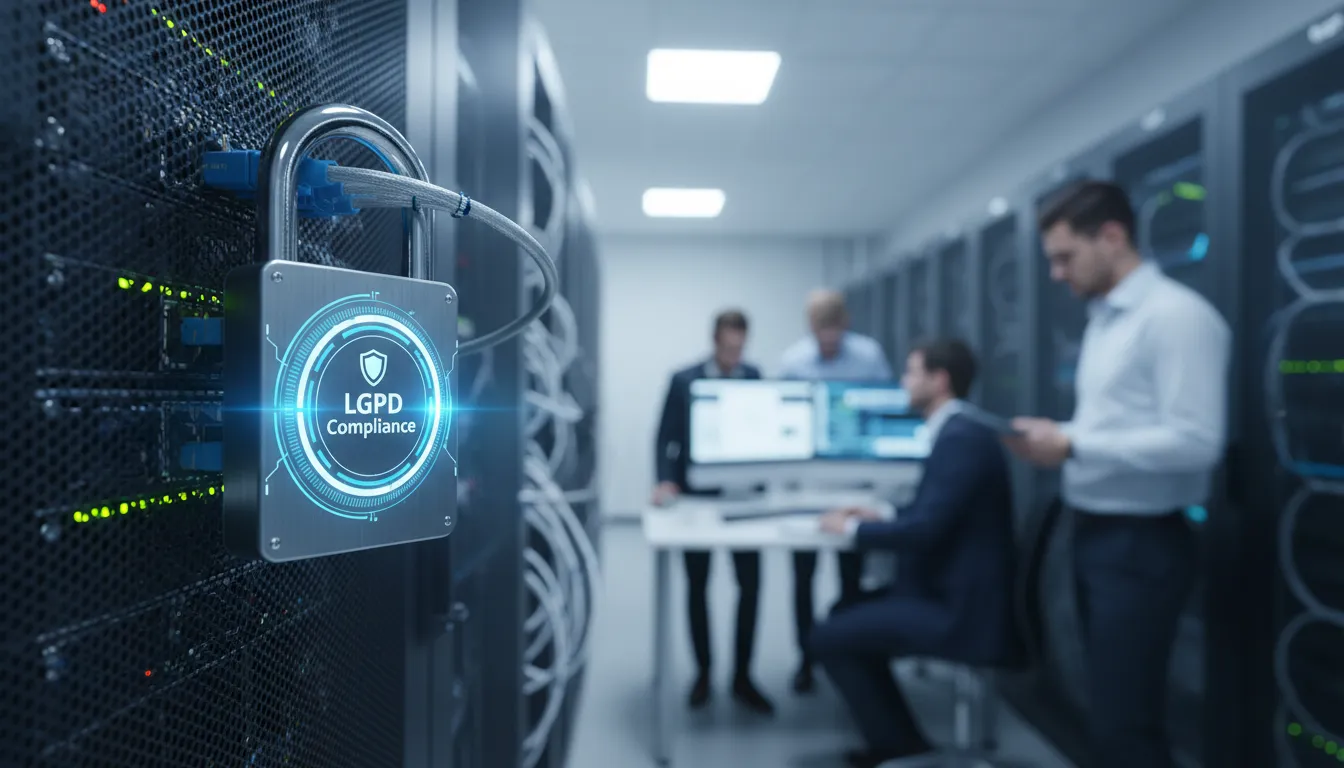 Cadeado digital protegendo um servidor de banco de dados, simbolizando a proteção de dados e a gestão de terceiros lgpd.