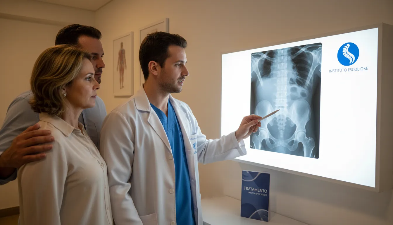 Um médico explicando um raio-x da coluna vertebral para um paciente, destacando a espondilose lombar e as opções de tratamento do Instituto Escoliose.