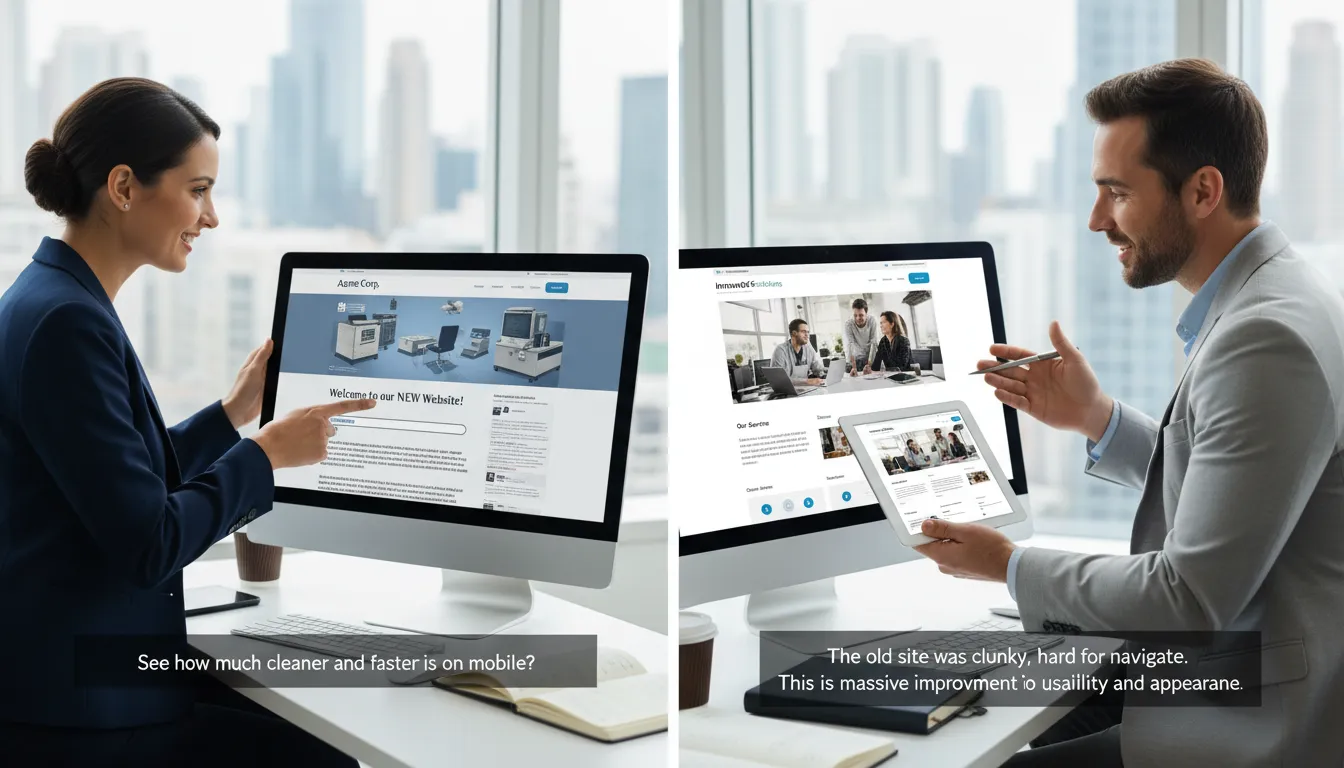 Redesign de Site em 2026: Quando e Como Fazer 1 Comparação visual entre site antigo e site redesenhado, mostrando evolução no design e na responsividade