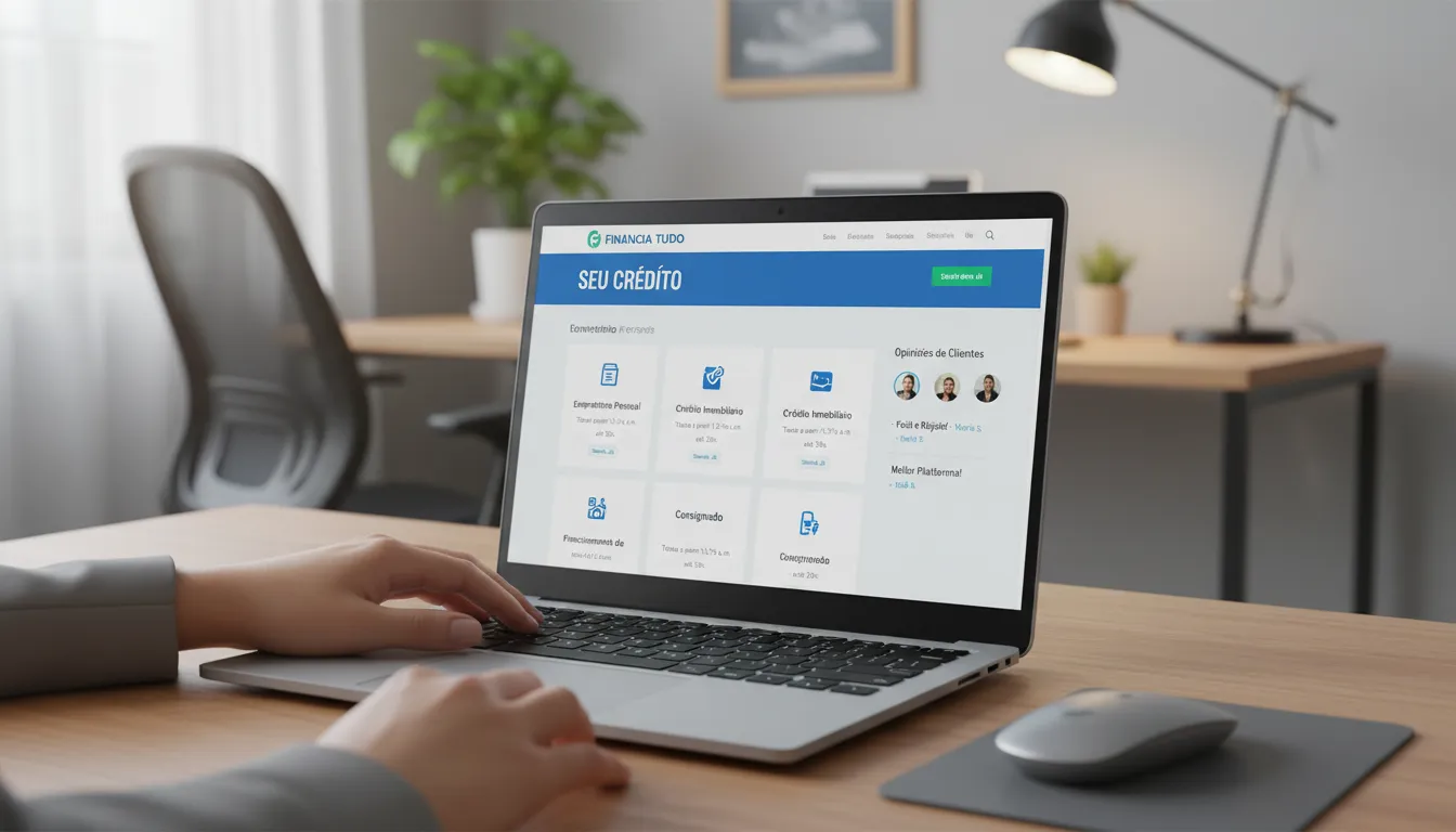 Mão usando um laptop com o site da Financia Tudo aberto, mostrando opções de empréstimo. Compare e encontre o melhor banco para seu empréstimo.