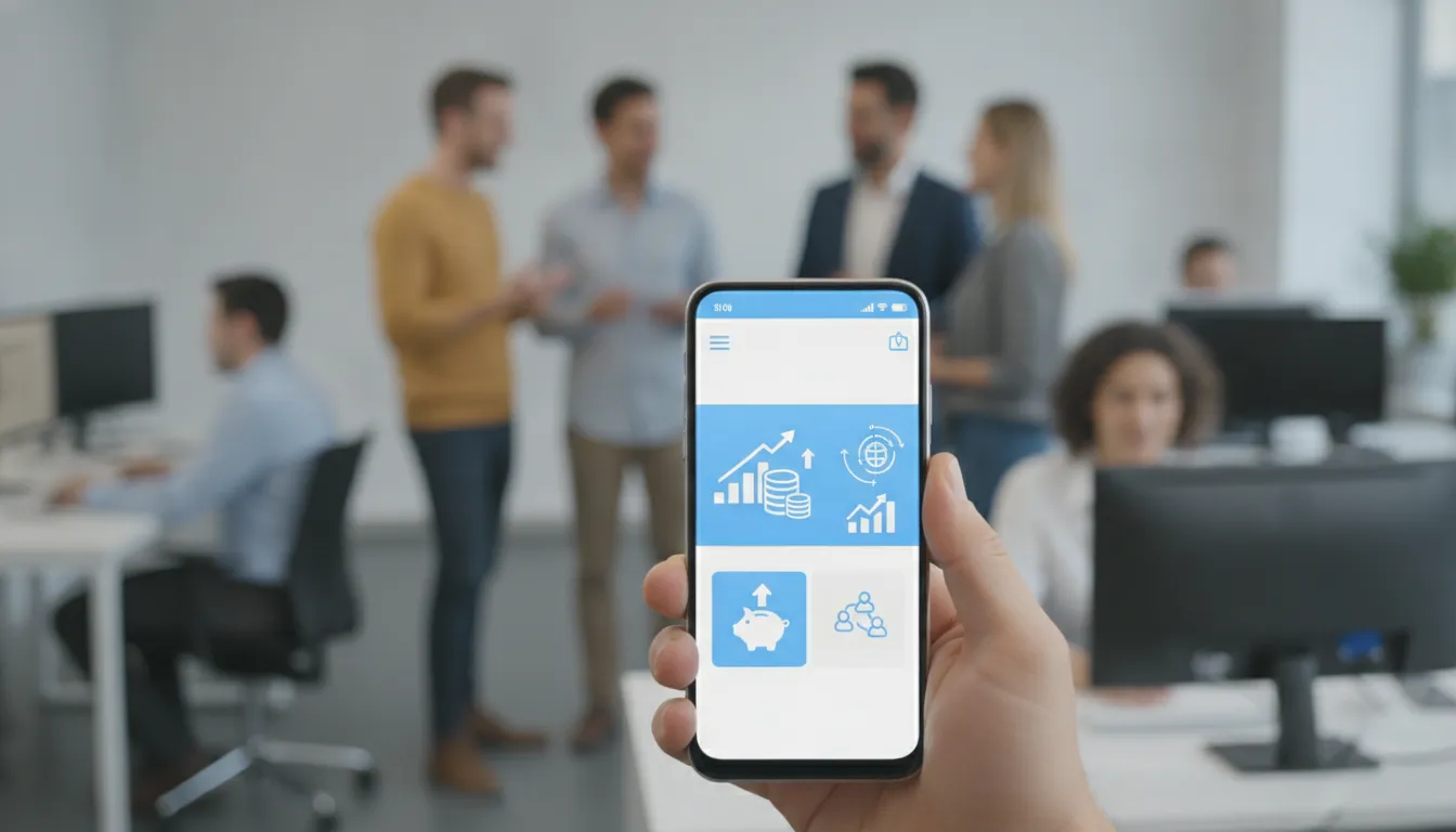 Mão segurando smartphone com app financeiro, mostrando como ganhar dinheiro com indicação financeira.