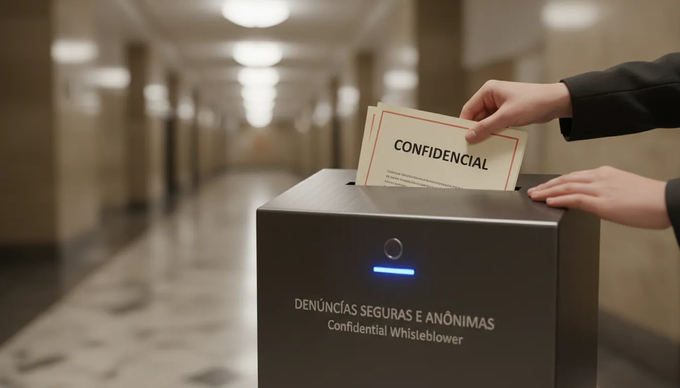 Mãos depositam documentos em uma caixa de denúncias segura, simbolizando anonimato e confiança.
