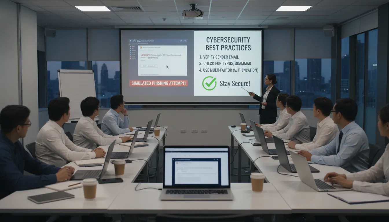 Treinamento de colaboradores sobre segurança da informação, simulando tentativas de phishing.