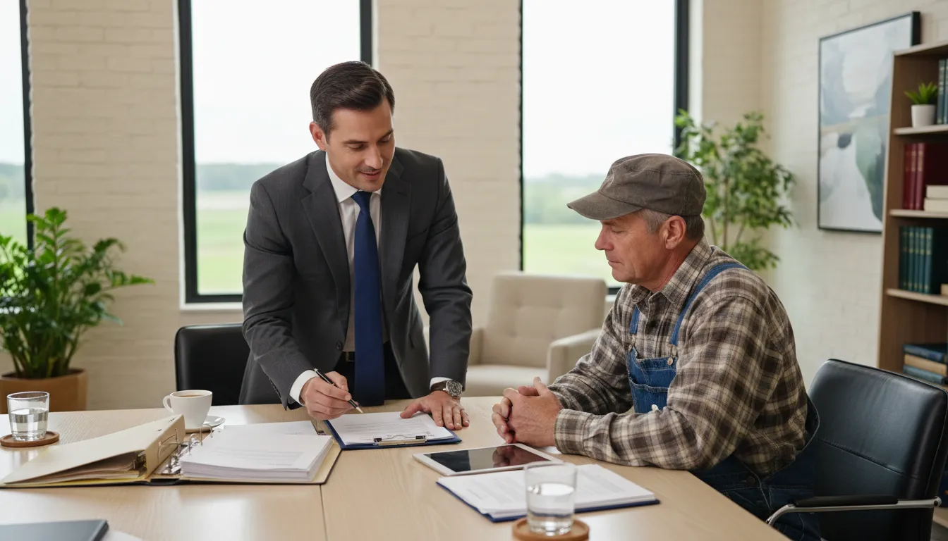 Advogado orientando produtor rural sobre direitos em contratos agrícolas em escritório moderno e acolhedor