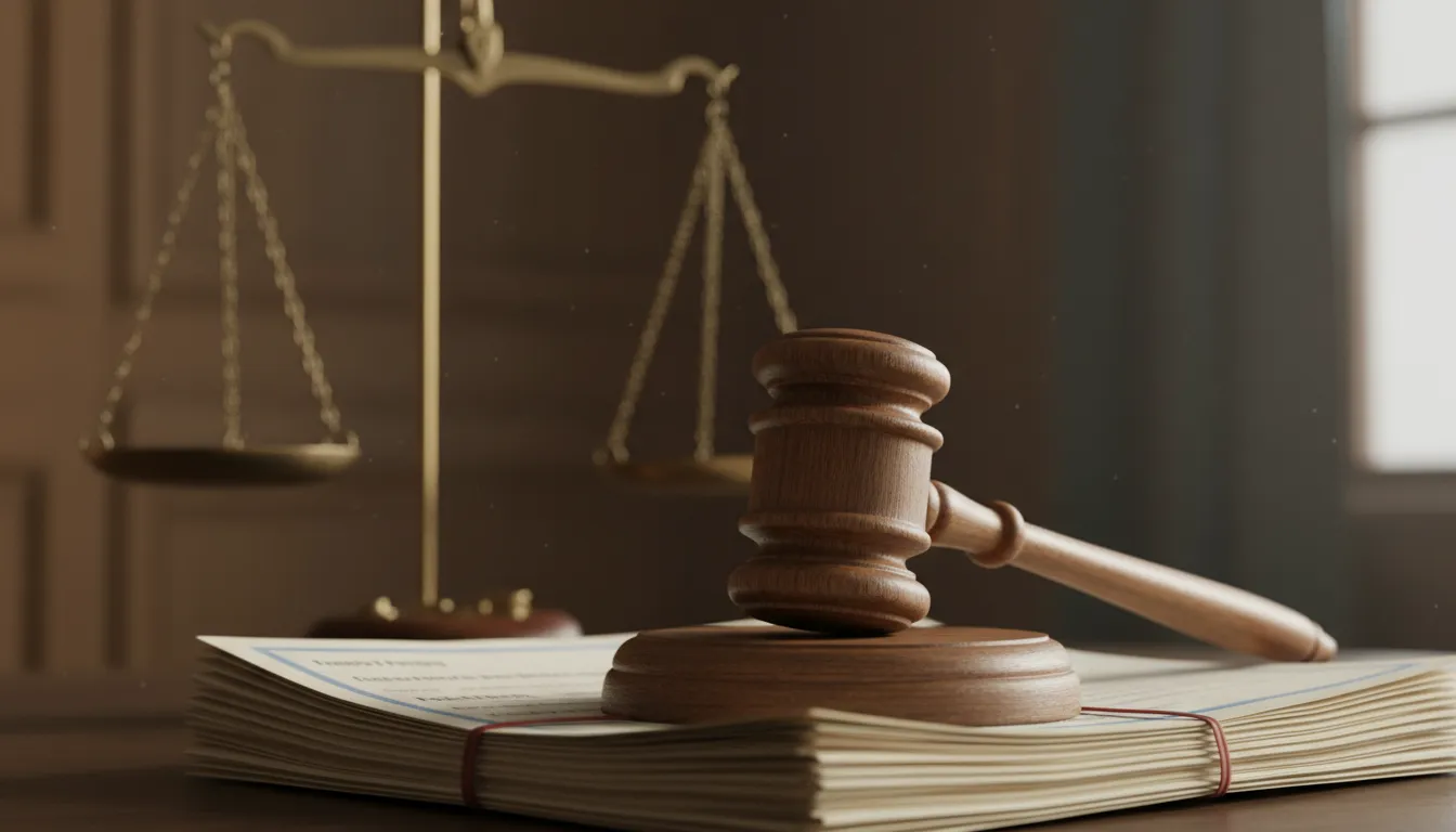 Martelo de juiz sobre apólice simboliza ação judicial de advogado contra plano de saúde em Itaquaquecetuba.