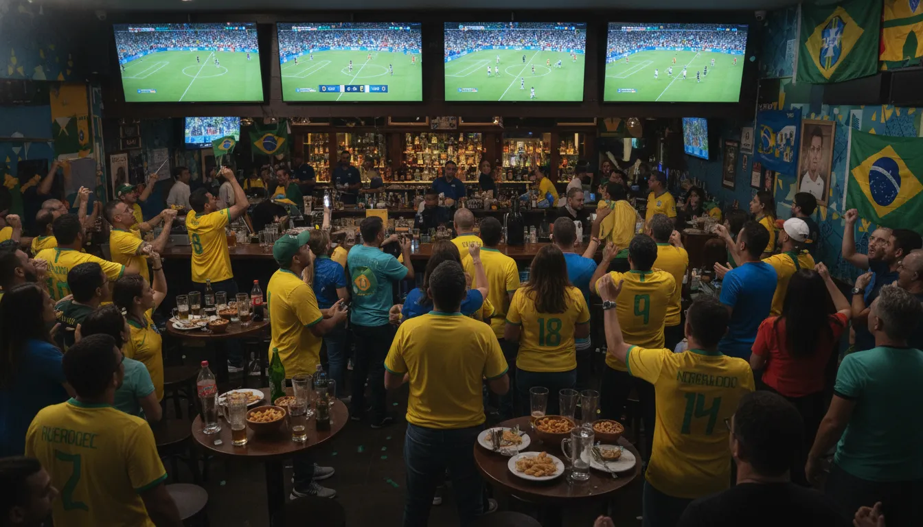 Bar esportivo no Brasil exibindo a copa 2026 streaming brasil, repleto de fãs e atmosfera vibrante de comemoração.