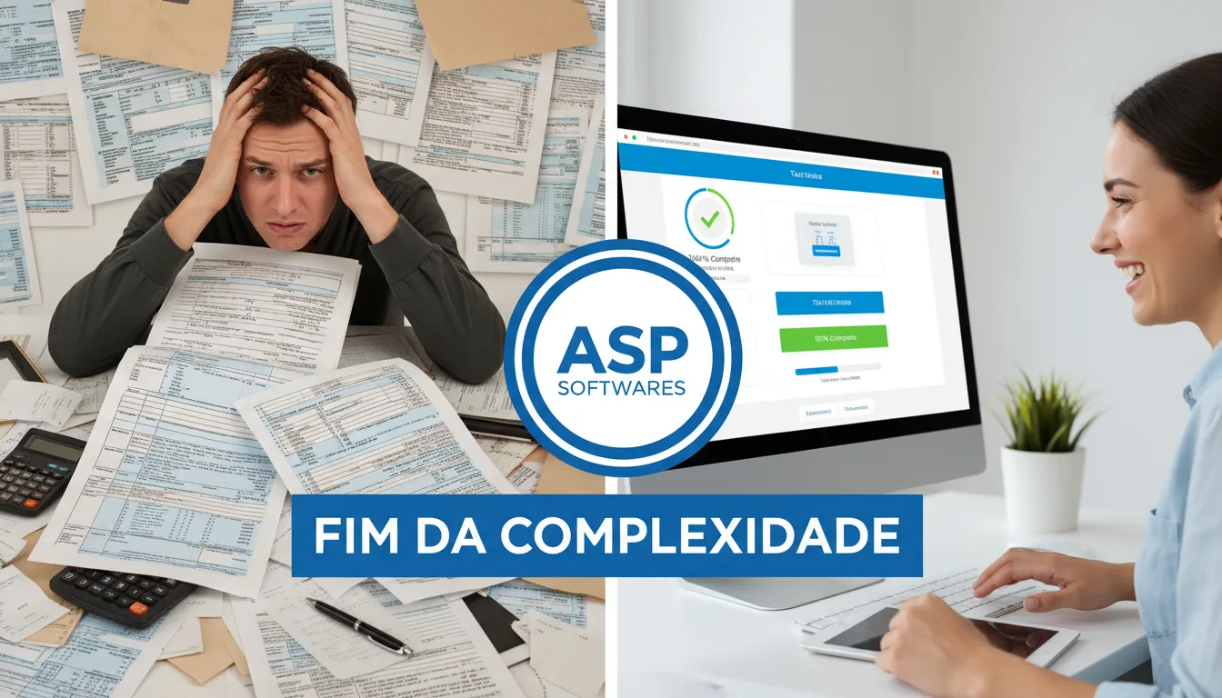 Comparativo entre formulários fiscais complexos e a solução automatizada da ASP Softwares para a tabela simples nacional 2026, enfatizando a simplificação.