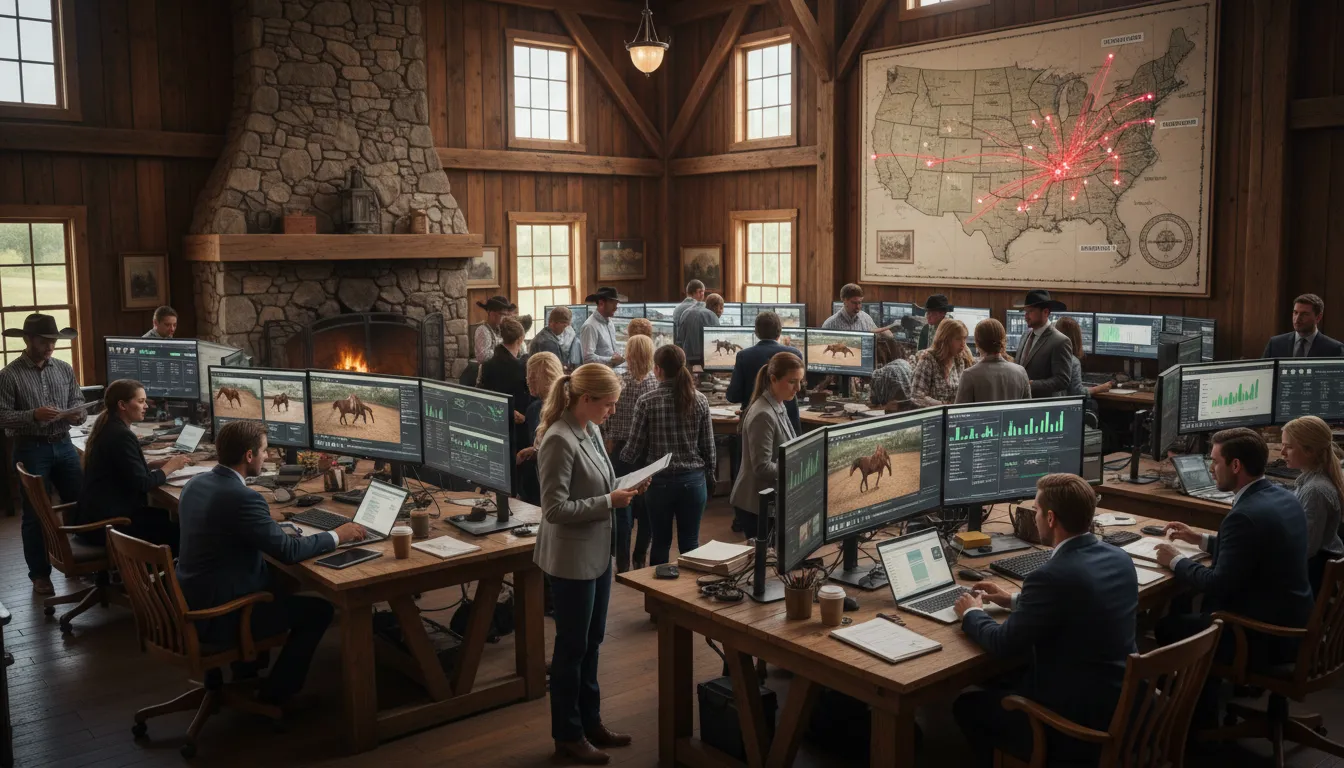 Equipe acompanhando transação virtual de leilão de cavalos com suporte jurídico e dados financeiros