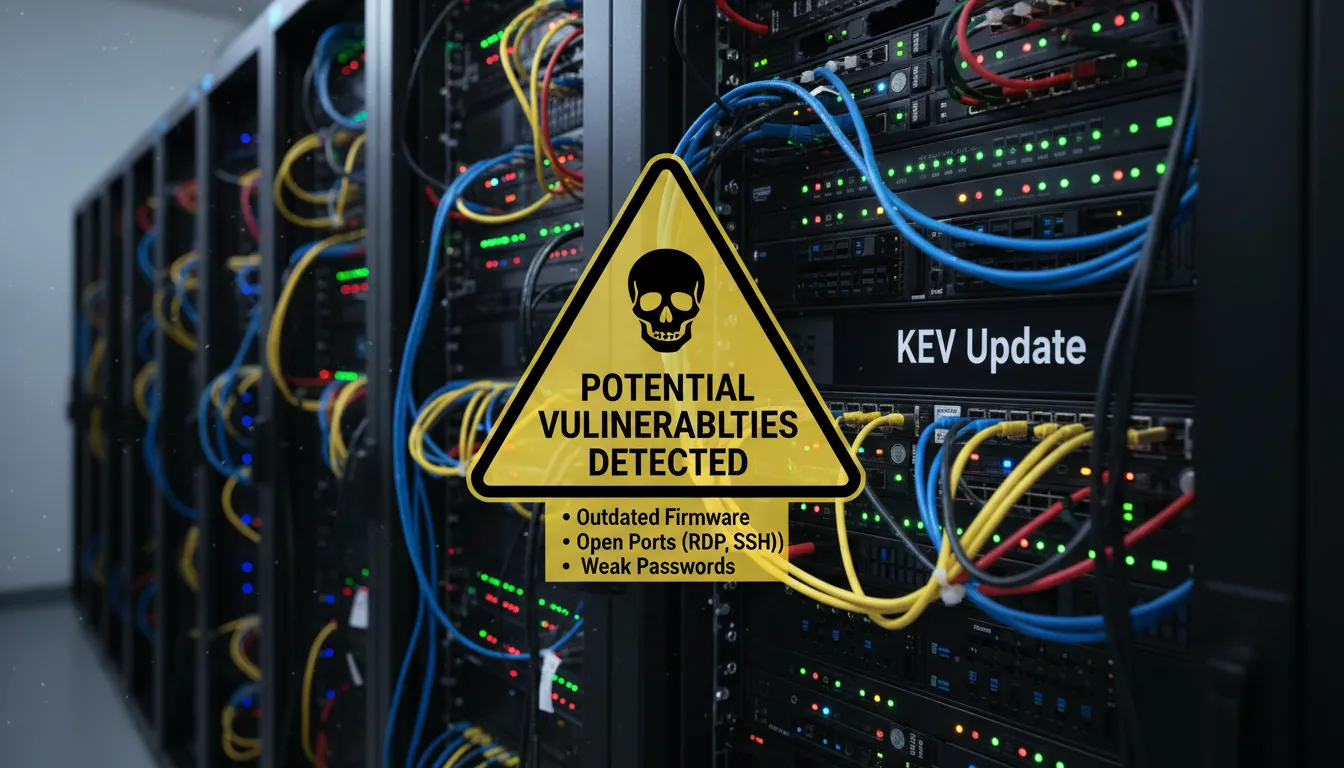 Servidores com alerta de vulnerabilidade, representando falhas de segurança e exploração de dados.