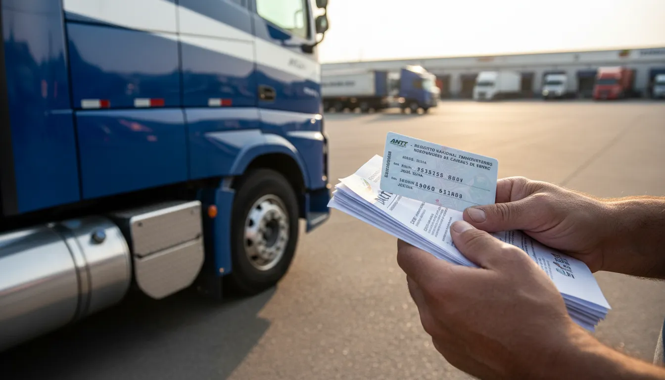 Motorista segura cartão de registro ANTT e documentos, ao lado de caminhão em pátio logístico.