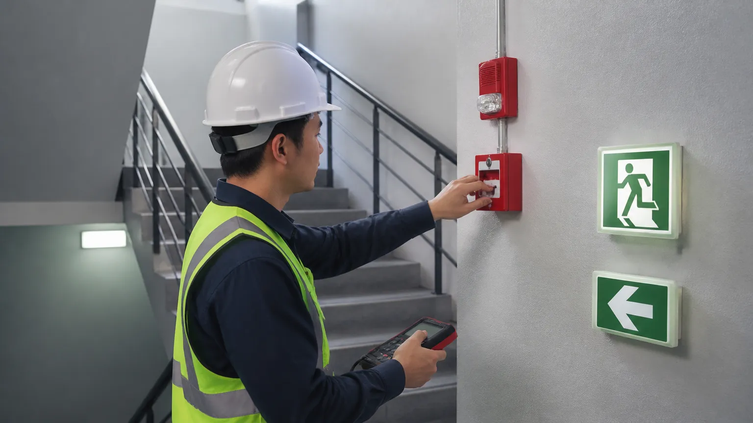 Técnico instalando sinalização durante adequação condominial às normas de incêndio na escada de emergência.