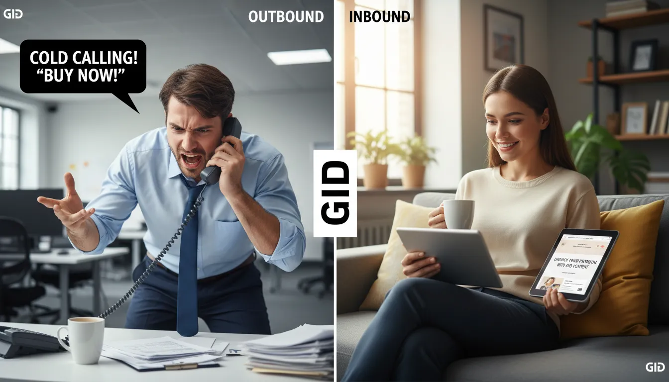 Imagen dividida que ilustra la diferencia entre la prospección activa inbound marketing tradicional y el Inbound Marketing, destacando las tácticas de cada uno con GID.
