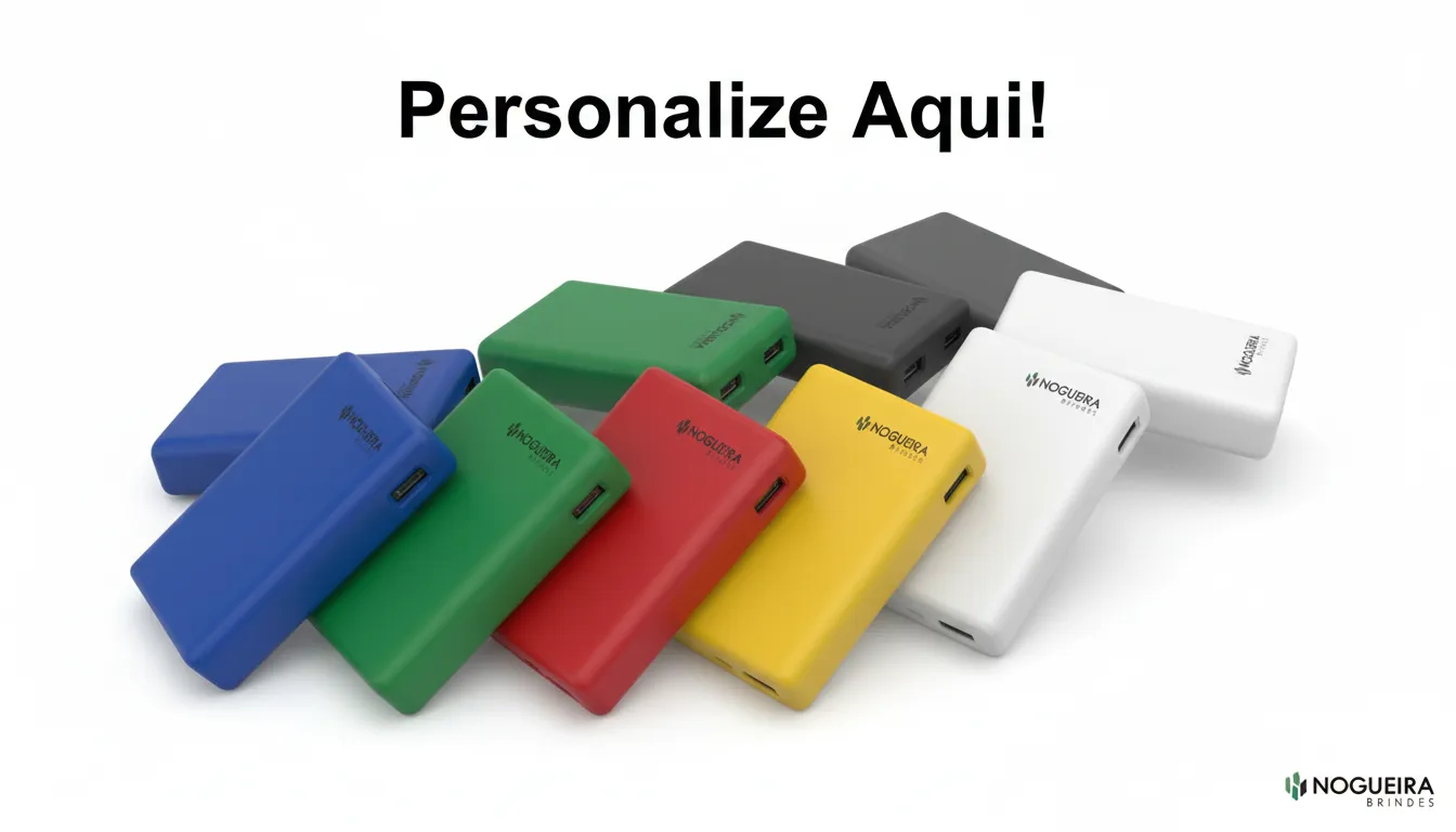 Vários carregadores portáteis personalizados da Nogueira Brindes em diversas cores, dispostos de forma criativa em um fundo branco.