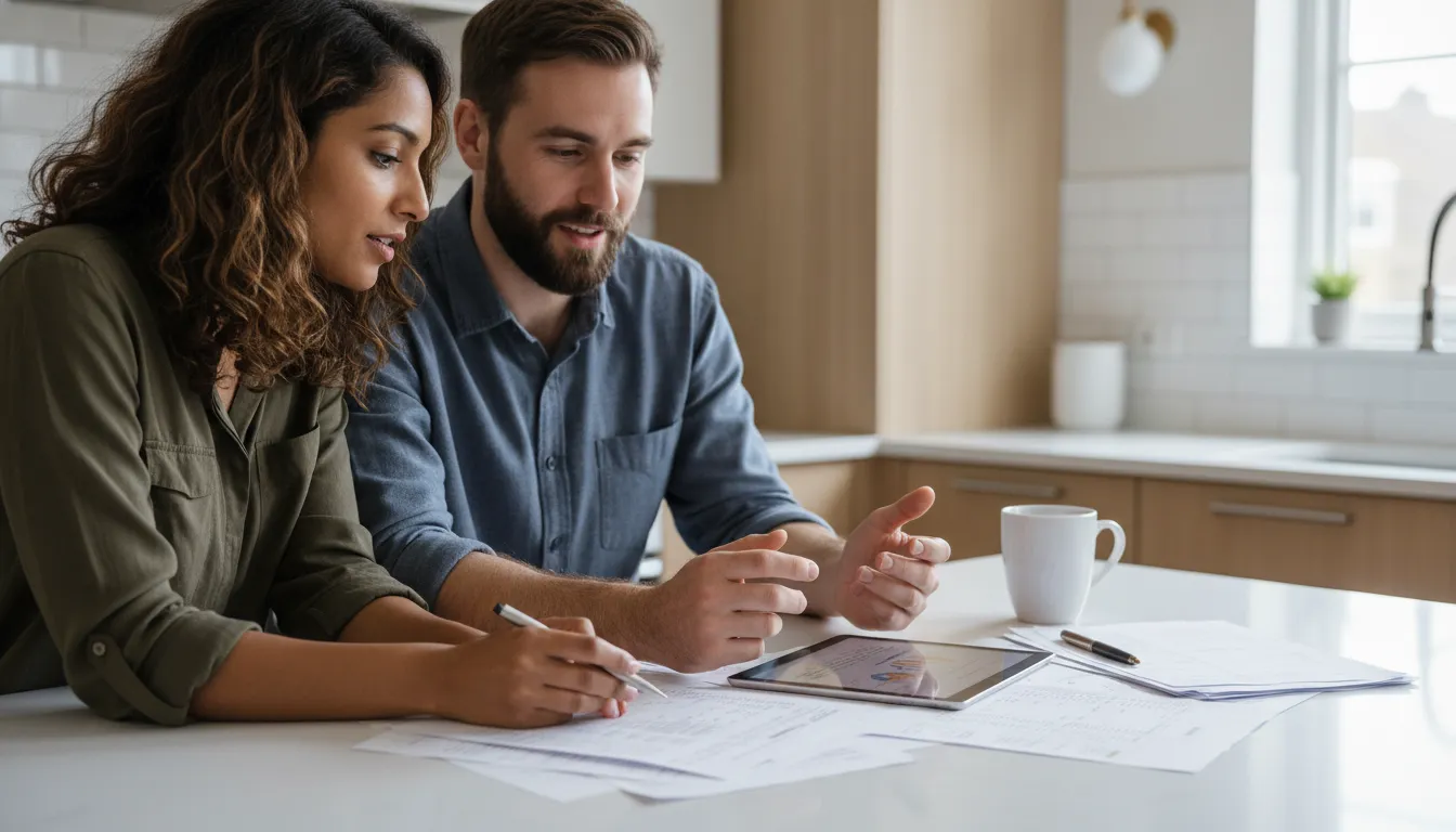 Casal analisando documentos e calculadora de financiamento, planejando a composição renda para crédito imobiliário.