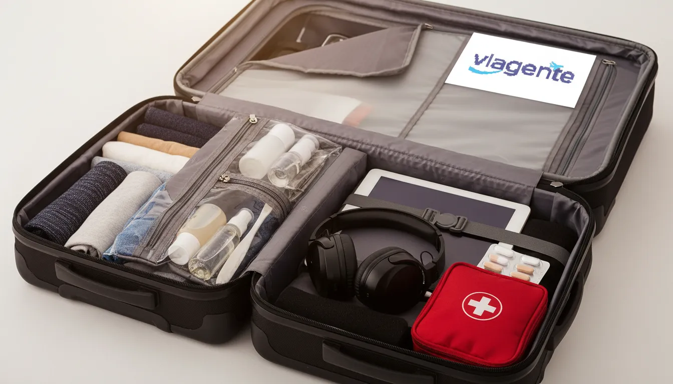 Um close-up detalhado de uma bagagem de mão organizada com roupas enroladas, produtos de higiene em recipientes transparentes e eletrônicos protegidos, mostrando organização e otimização.