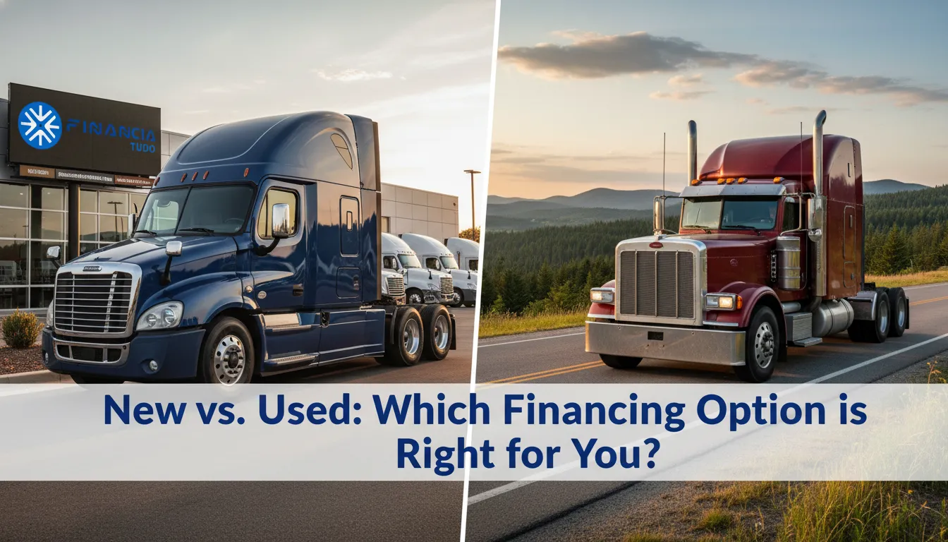 Comparativo visual entre caminhão novo e usado com foco em financiamento de caminhão usado e suas vantagens.