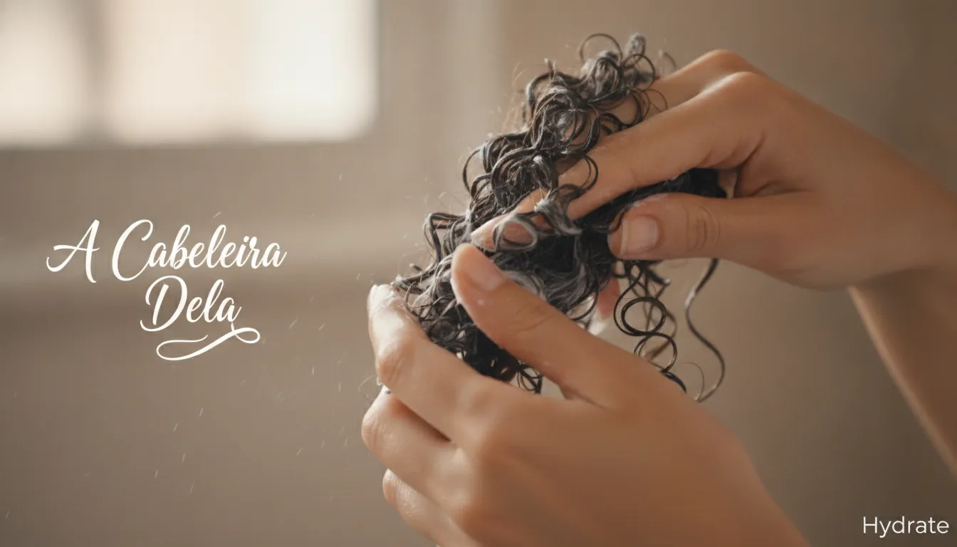 Mãos femininas aplicam creme em cabelo natural cacheado úmido, demonstrando cuidado e rotina capilar.