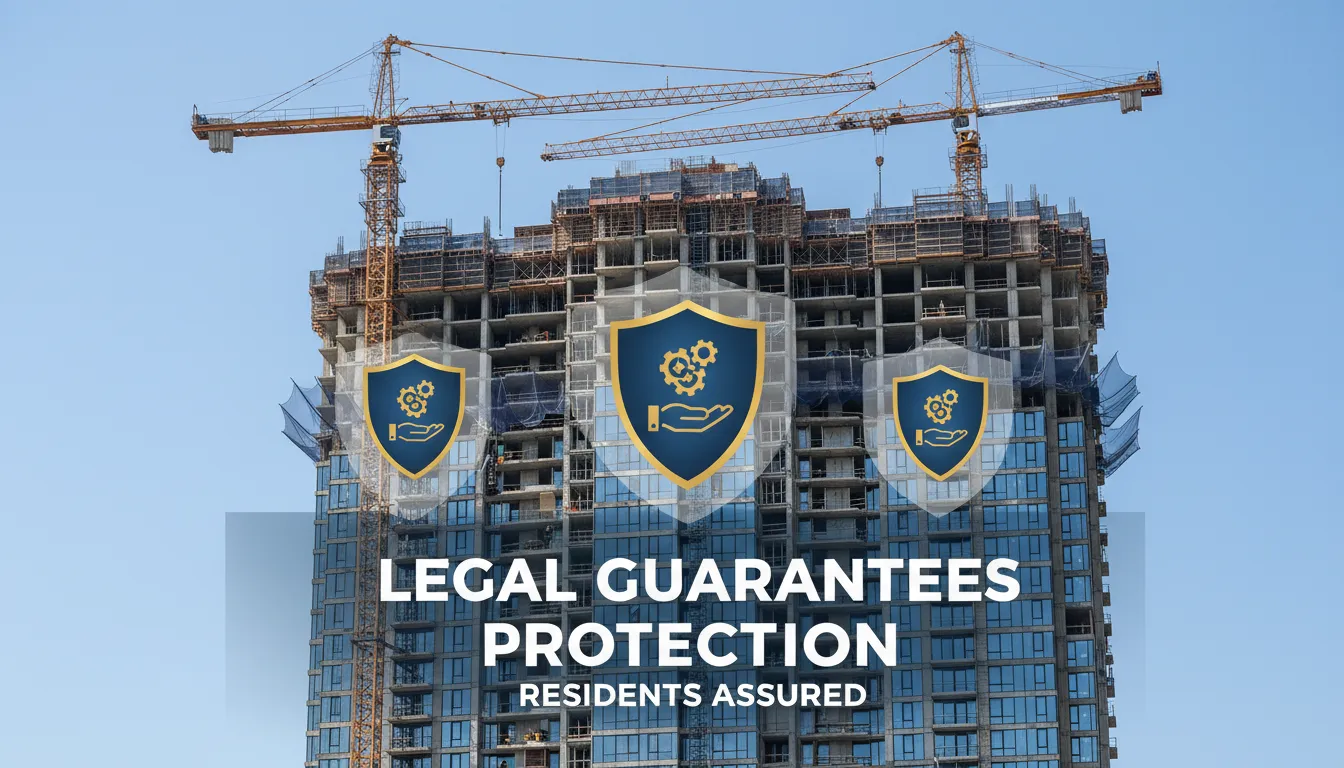 Prédio residencial quase pronto com gruas e ícones simbólicos de garantia e proteção legal