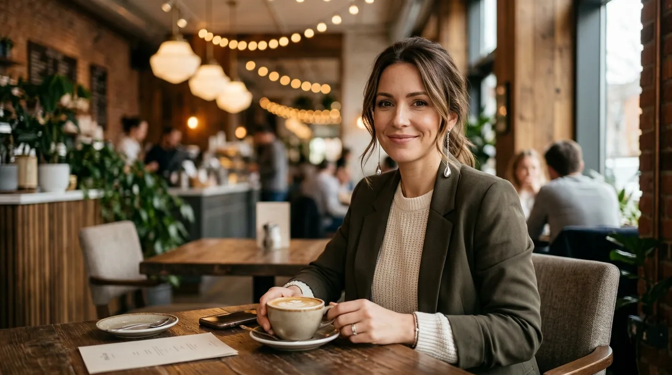 Mulher sorridente em café usando charmosos brincos de prata pendentes no dia a dia.