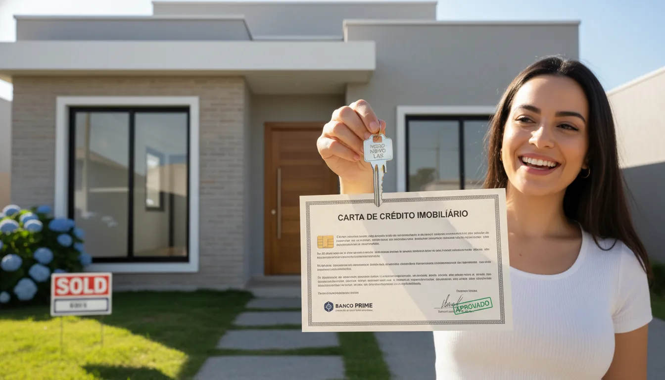 Novo proprietário sorrindo ao receber chave e carta de crédito do consórcio em frente ao imóvel adquirido.