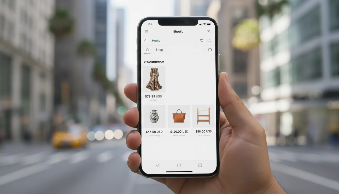Mão segurando smartphone com loja Shopify, vendendo para EUA, com rua americana desfocada ao fundo.