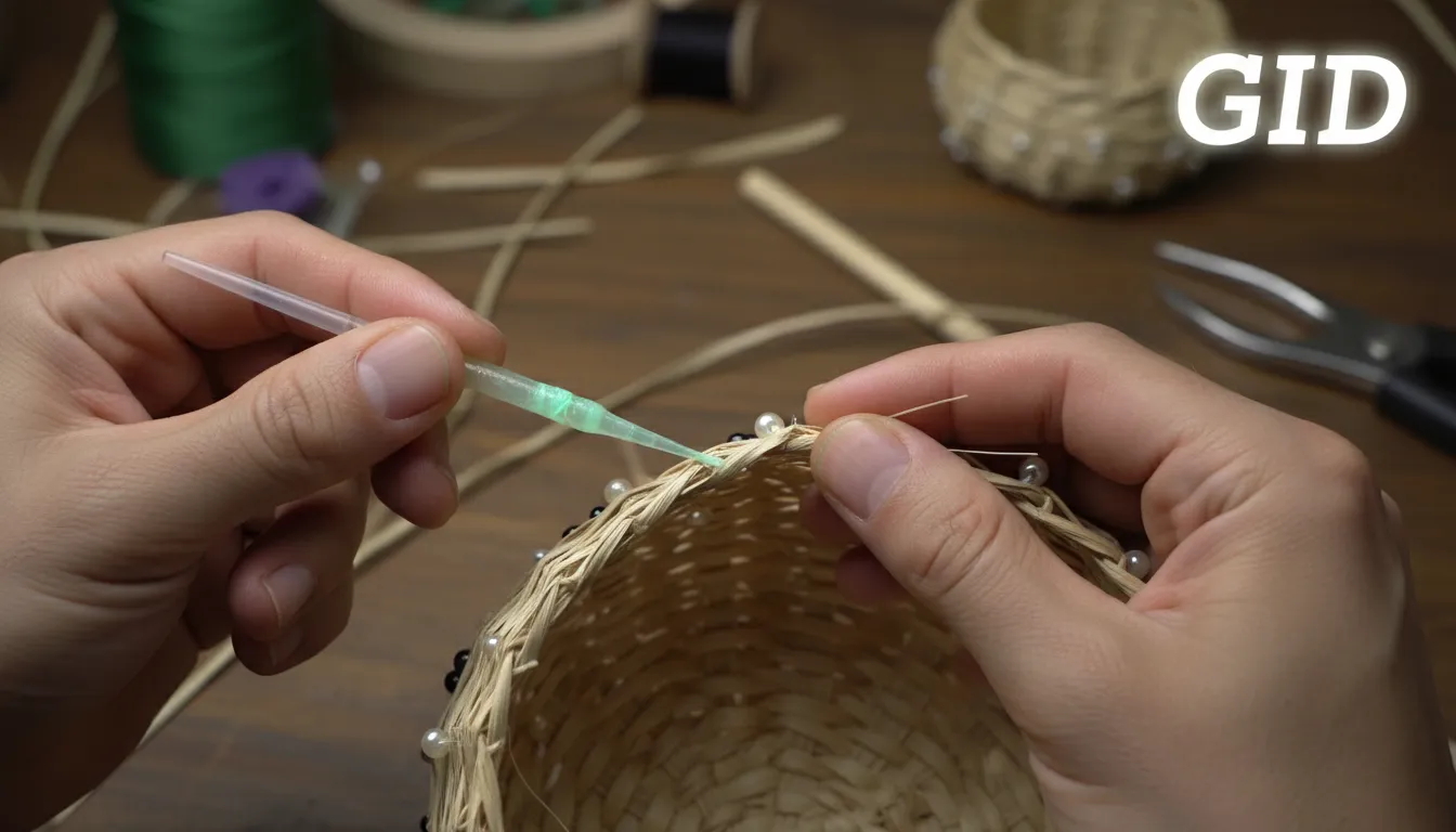 Primer plano de manos expertas aplicando adhesivo GID en arte hecha a mano. Precisión y cuidado realzan la artesanía tradicional brasileña.
