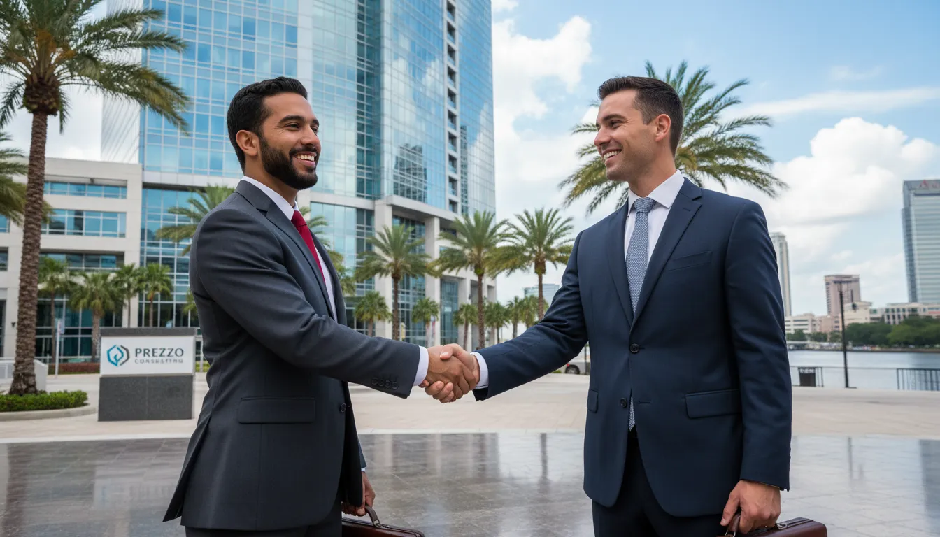 Prezzo Consulting consultant shaking hands after opening a company in Florida. Tampa, Florida.