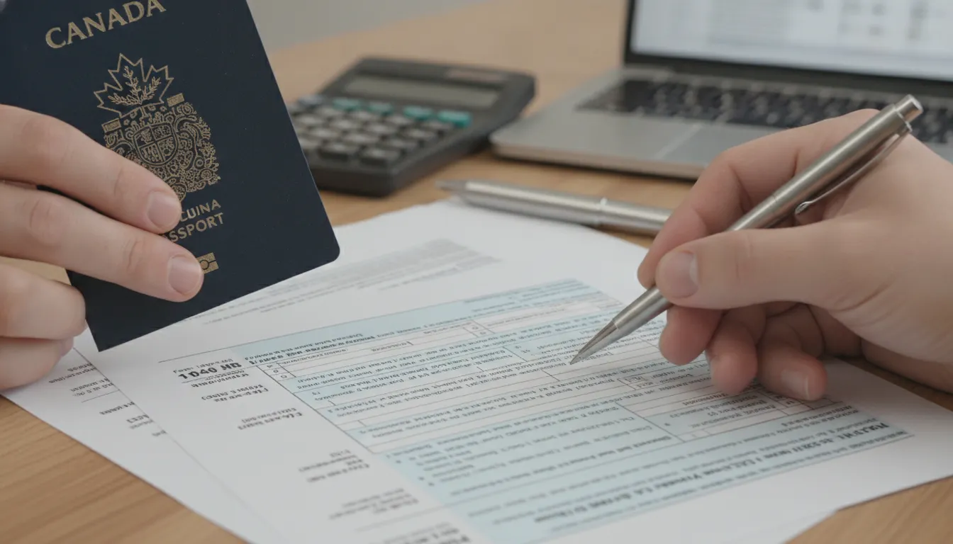 Mãos analisam passaporte canadense e formulários fiscais dos EUA, detalhando imposto LLC EUA para canadenses.
