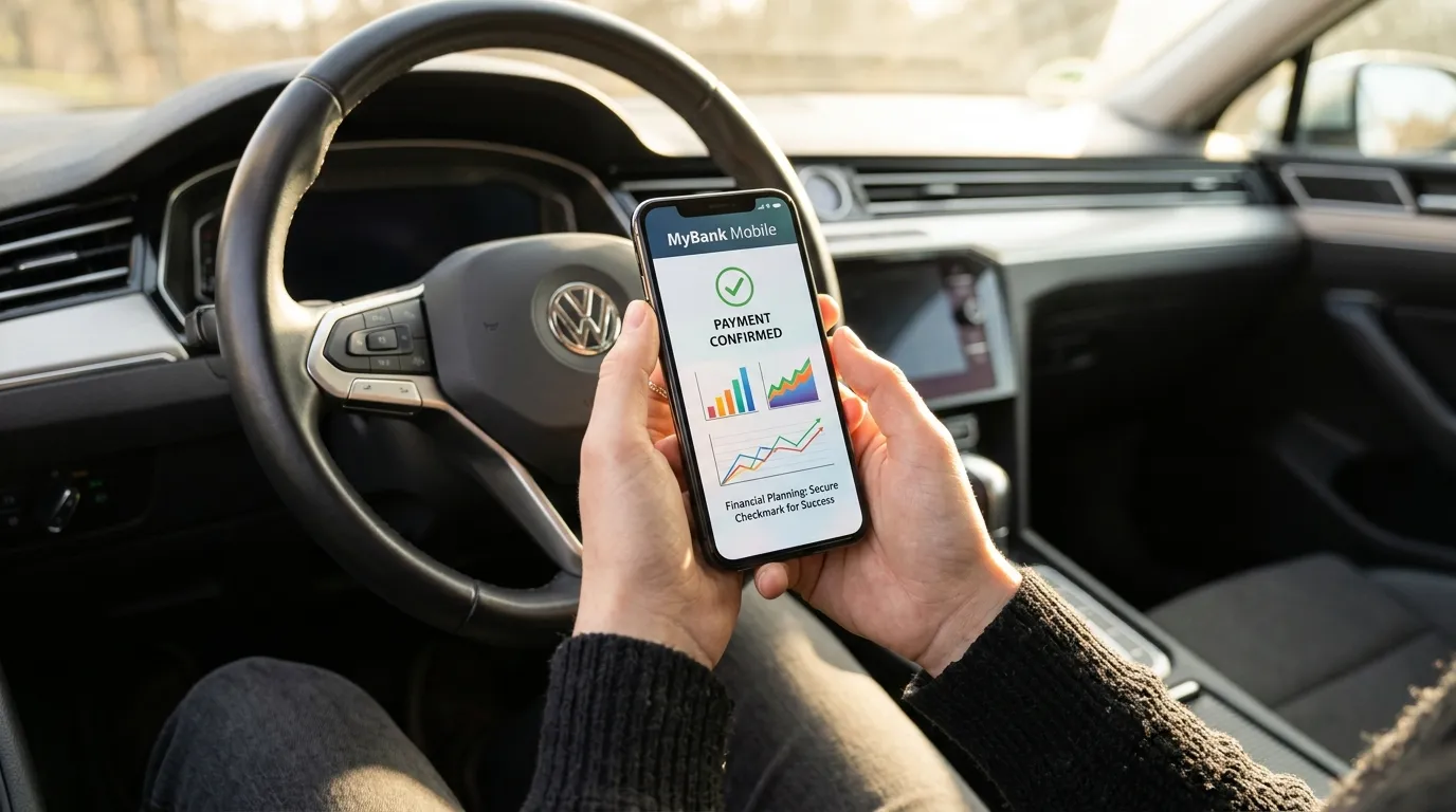 Celular mostra simulação para o valor do refinanciamento de veículo financiado dentro de um carro moderno.