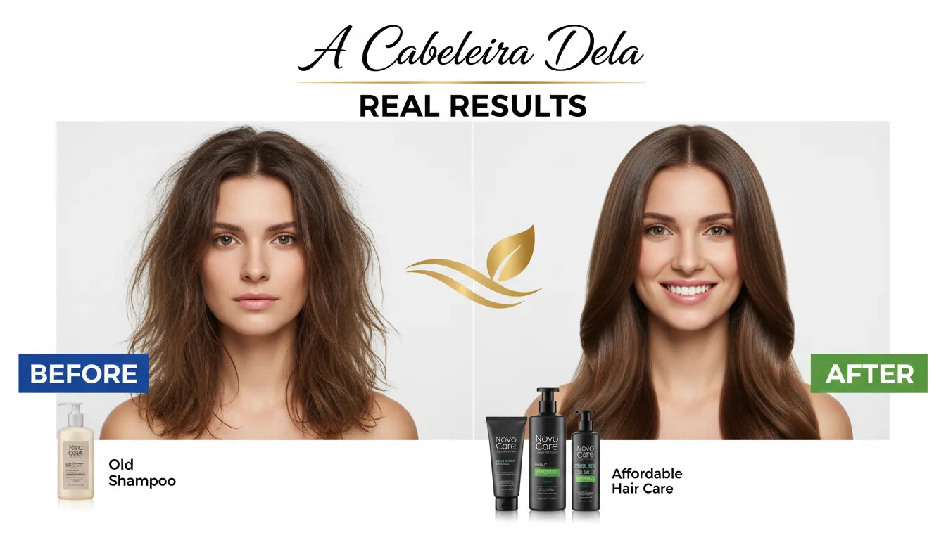 Comparativo 'antes e depois' de uma mulher que transformou seu cabelo opaco em fios brilhantes usando produtos baratos para cabelo.