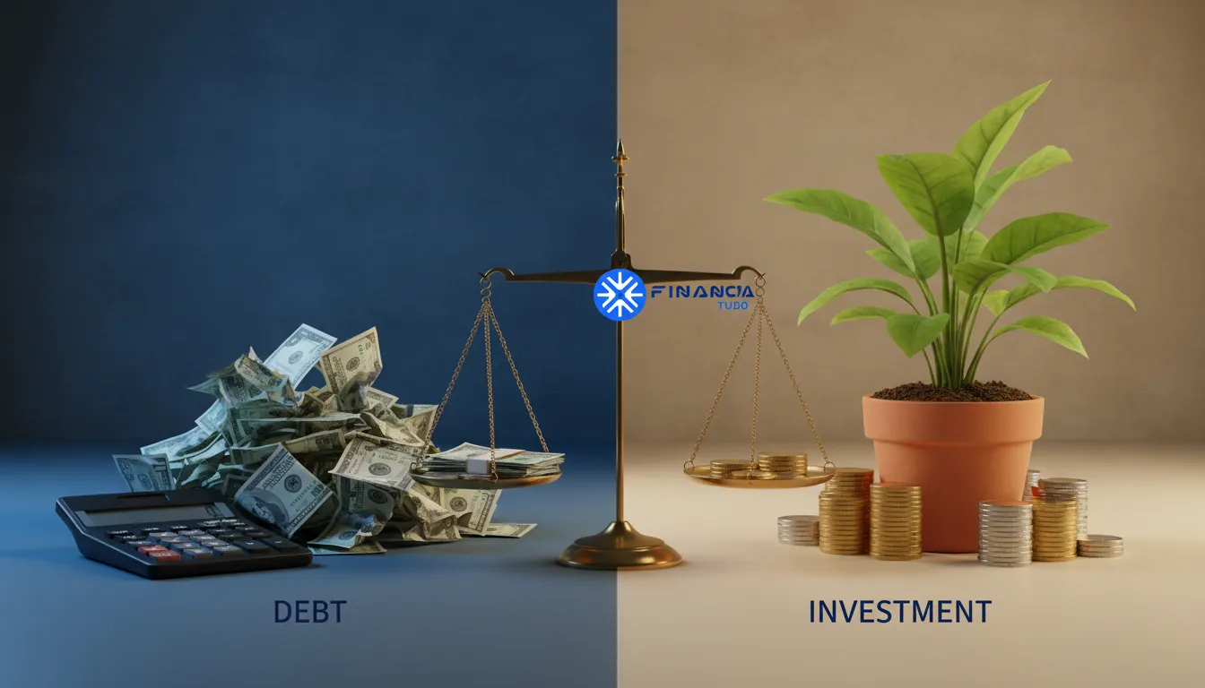 Balança equilibrando dívidas e investimentos: hora de investir ou pagar dívidas primeiro? Financia Tudo.