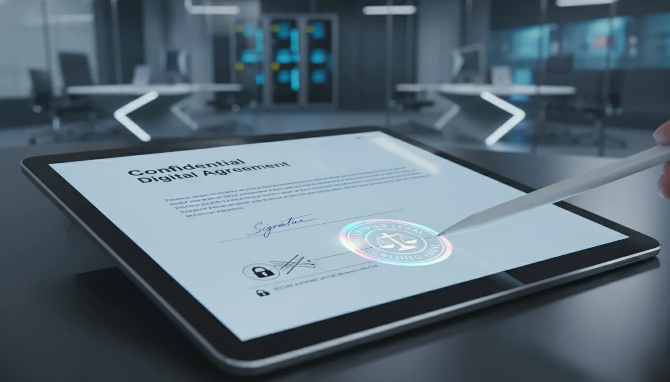 Contrato digital sendo assinado em tablet com elementos de autenticação e ambiente jurídico tecnológico