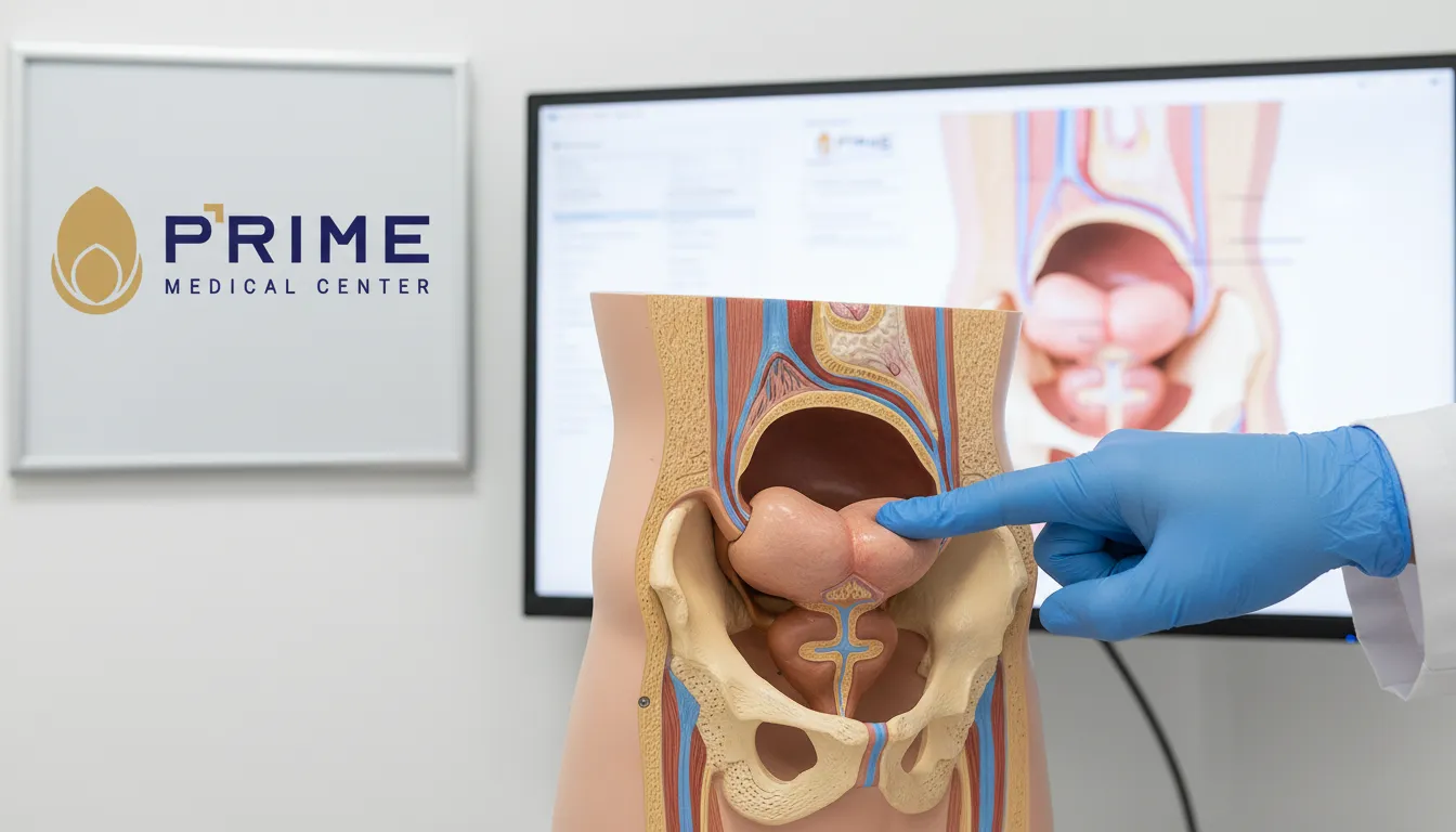 Representação realista e detalhada da próstata masculina, com sinais de inflamação indicando prostatite, para educação médica.
